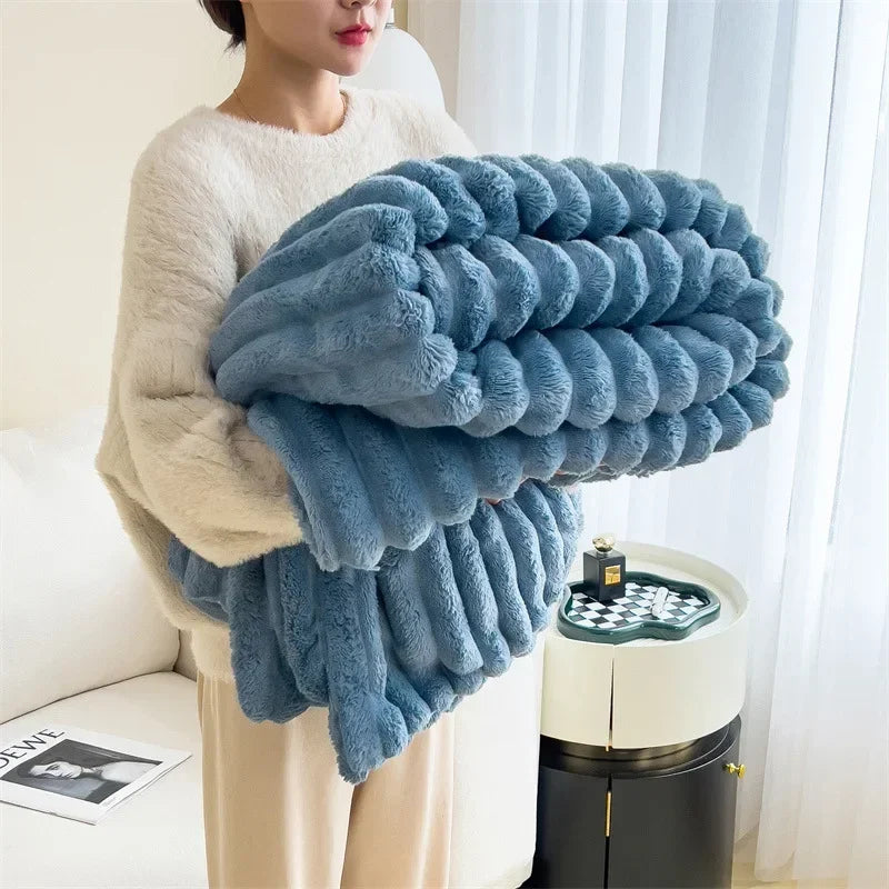Ultra Soft Faux Rabbit Fur Throw Blanket Warm Plush Striped Blankets Conditioning Quilt Fluffy Throws for Couch Chair Sofa